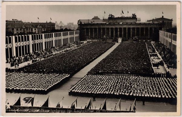 Cartolina originale 1/8/1936 raduno dei giovani tedeschi nel giardino di piacere a Berlino - apertura delle Olimpiadi