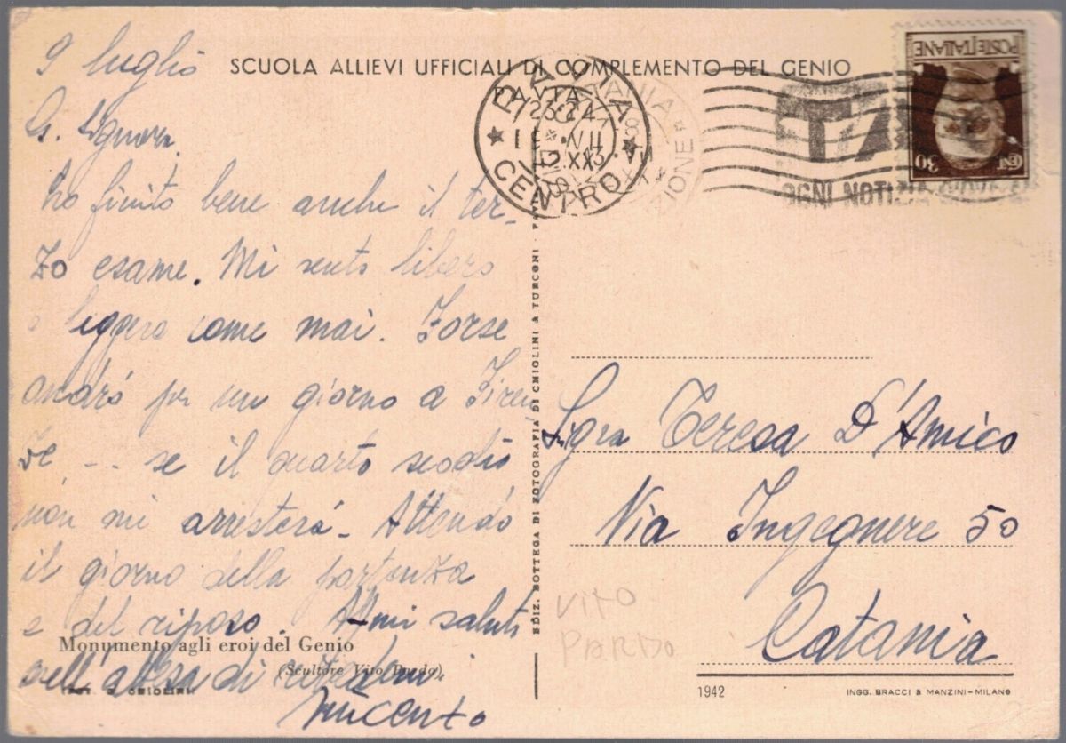 Cartolina Originale Scuola Allievi Ufficiali Complemento del Genio- Monumento agli Eroi del Genio