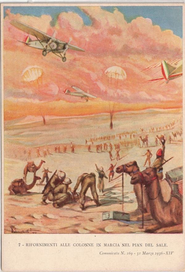 Original colonial postcard - supplies to the columns marching in march in the salt flat