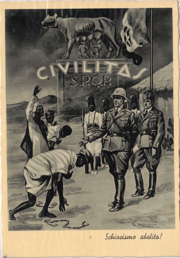 Cartolina originale coloniale Civilitas S.P.Q.R schiavismo abolito