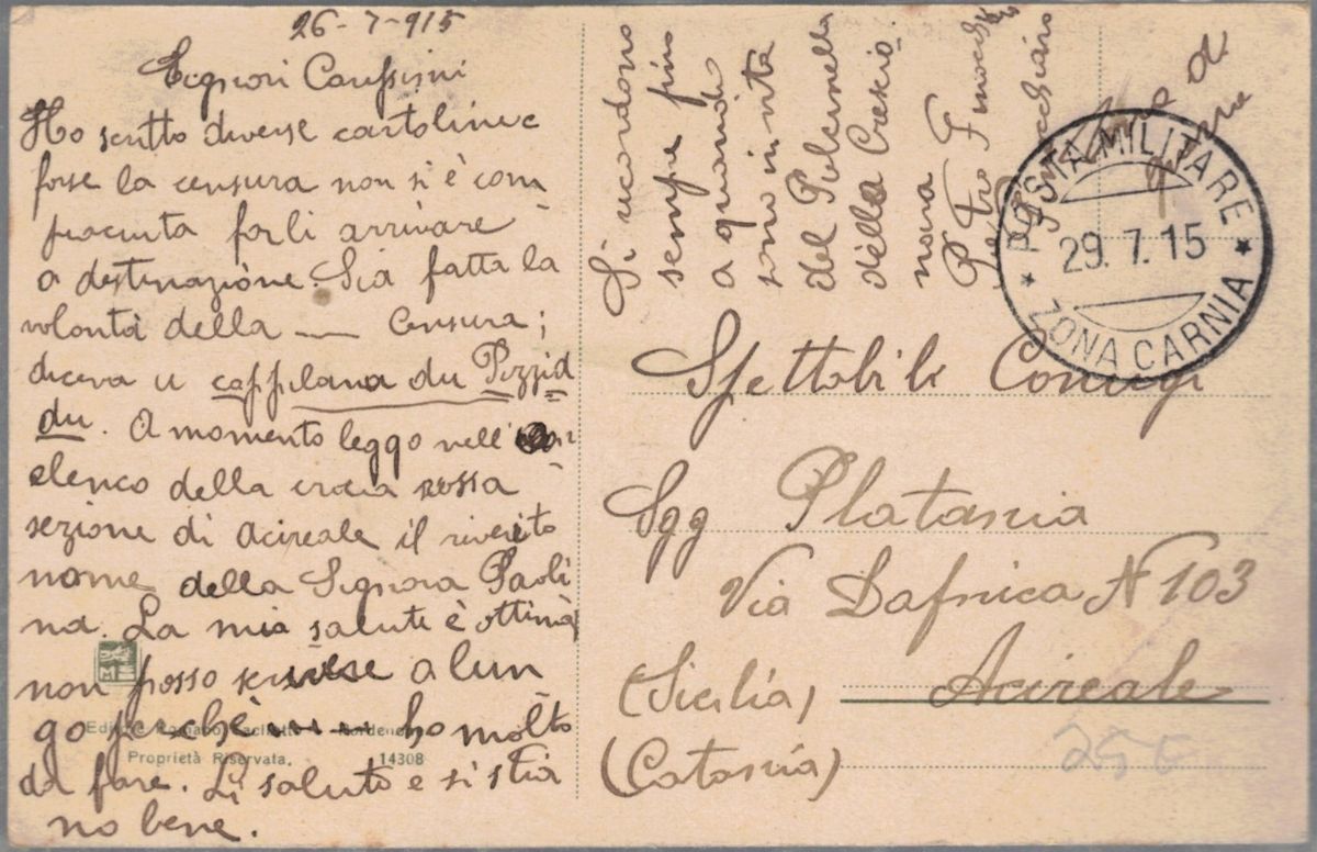 Cartolina Originale "saluti dalla Zona di Guerra 1915"