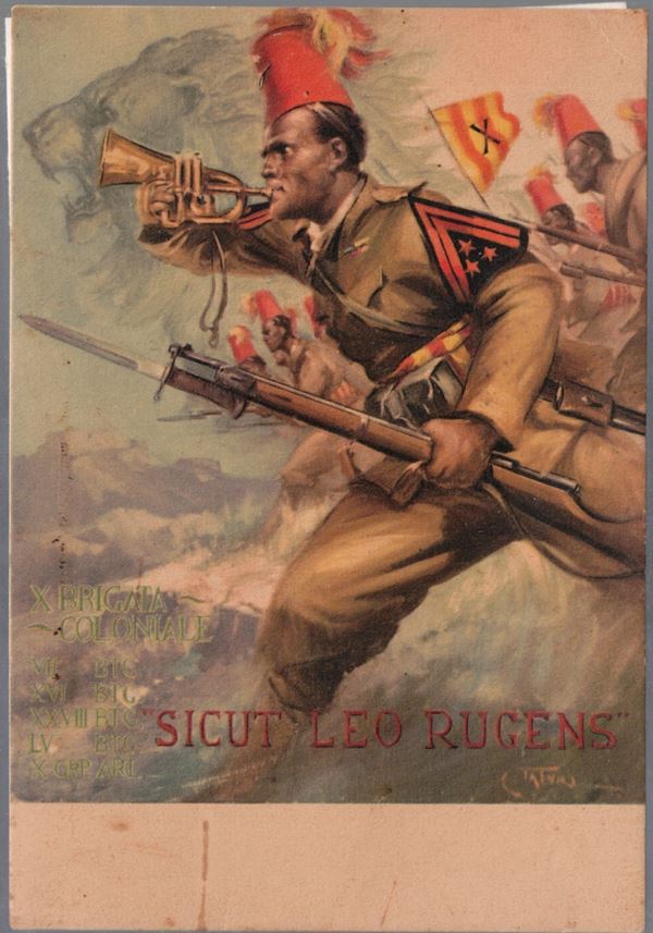 Rara cartolina originale coloniale- per brigata coloniale "Sicut leo rugens"