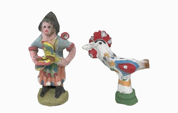 Salvatore Leone - Coppia di fischietti policromi in ceramica di Caltagirone di un contadino e di un galletto