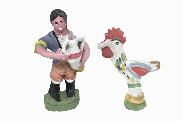 Salvatore Leone - Pair of polychrome Caltagirone ceramic whistles of a farmer and a cockerel