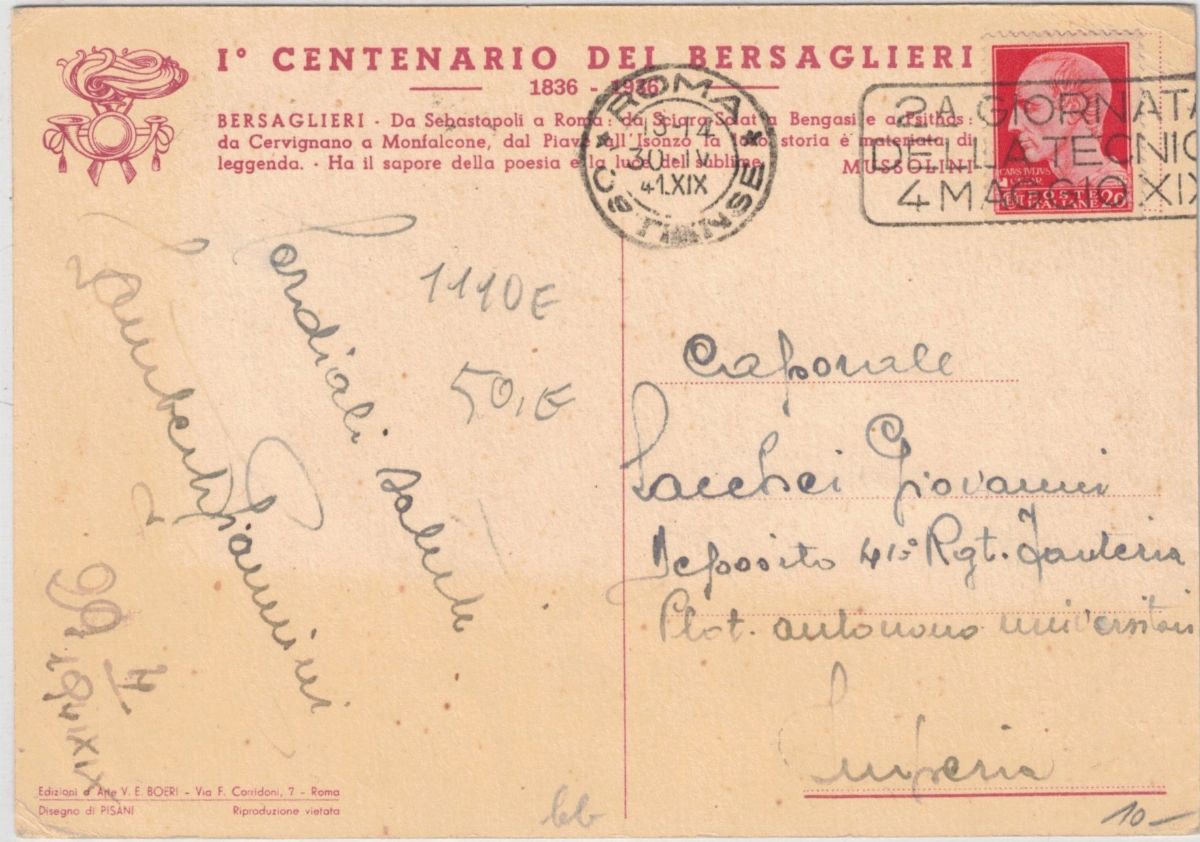 Cartolina originale 1°centenario dei bersaglieri