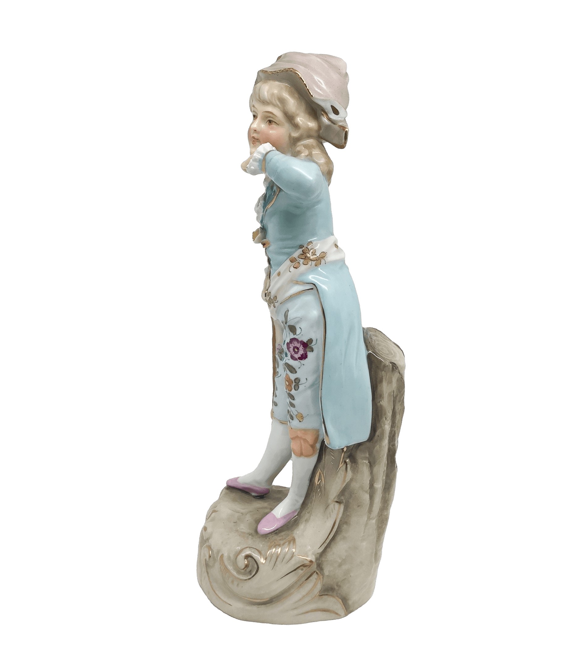 Statuina in Biscuit Policroma Raffigurante Bambino in Abiti Settecenteschi