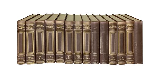 Dizionario enciclopedico italiano composto da XII volumi, appendice e atlante geografico