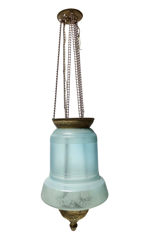 Lume in ottone e vetro di colore azzurro