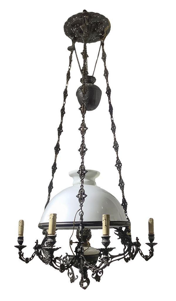 Brass chandelier with glass opaline cup.