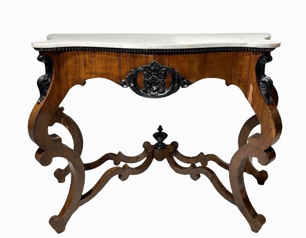 Console in legno di mogano con intagli ai lati e al centro in legno nero ebanizzato Luigi Filippo, con marmo al piano originale