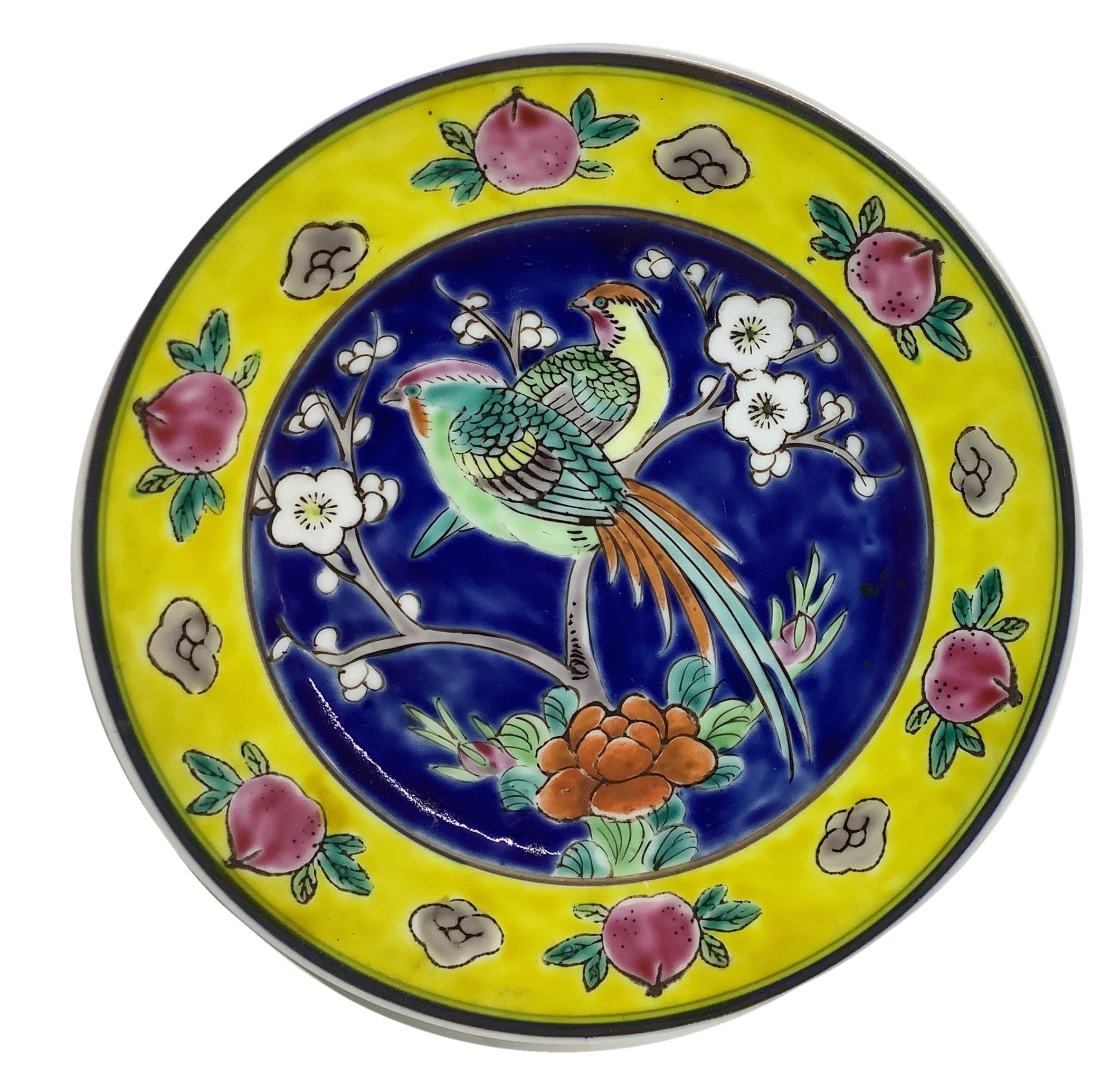 Numero due piattini Cinesi raffiguranti volatili su sfondo blu e giallo