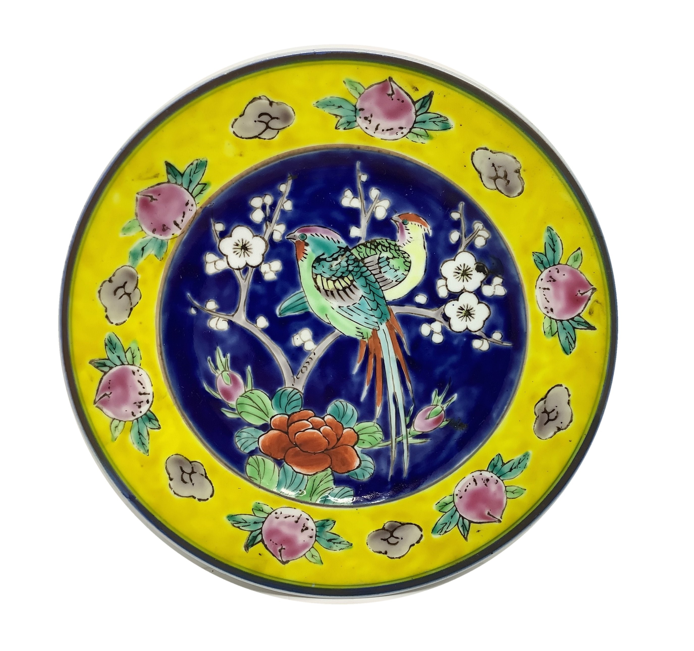 Numero due piattini Cinesi raffiguranti volatili su sfondo blu e giallo