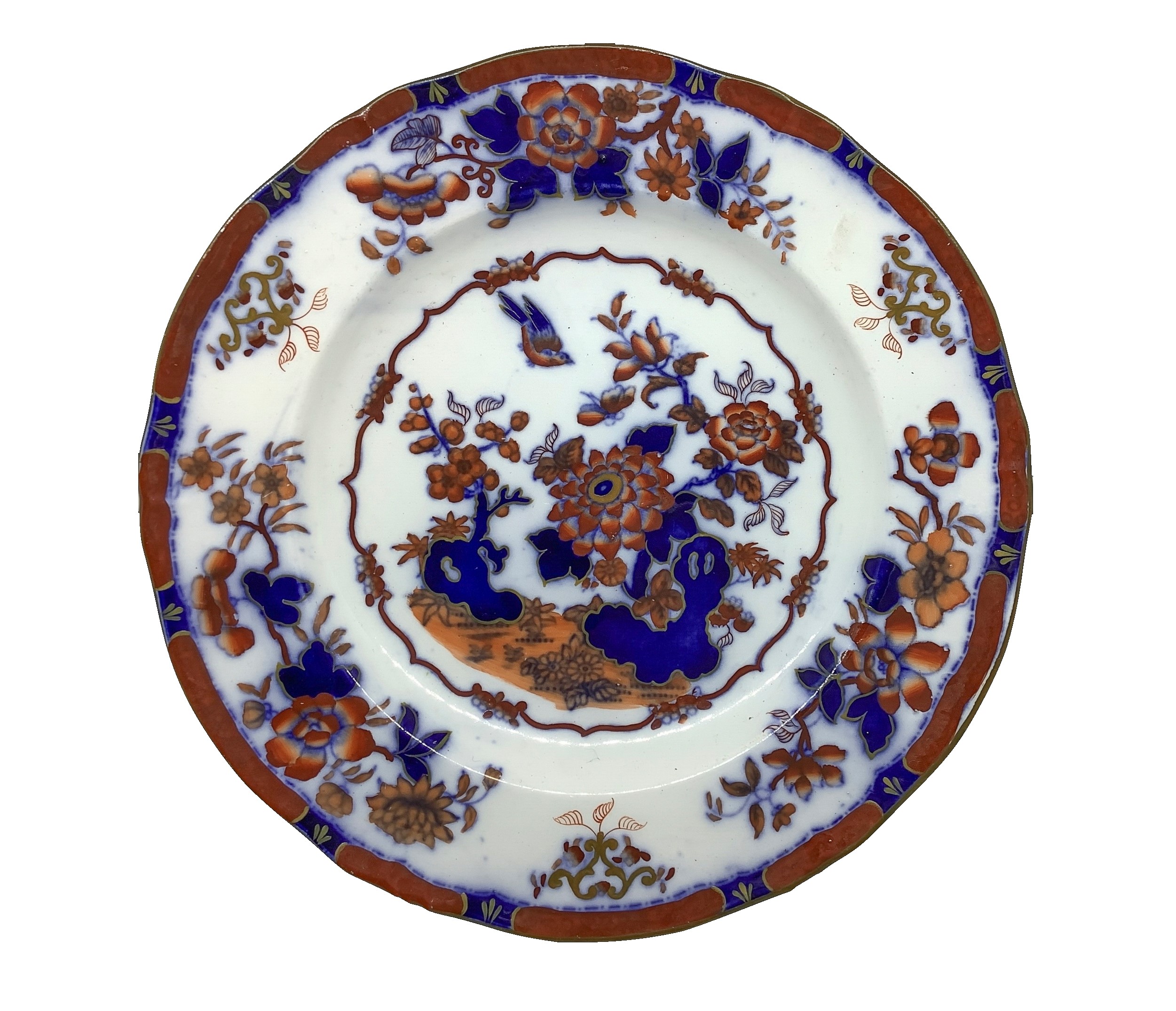 Tre Piatti Oriental Japan con Decorazioni Floreali Cinesi in Blu e Marrone su Sfondo Bianco