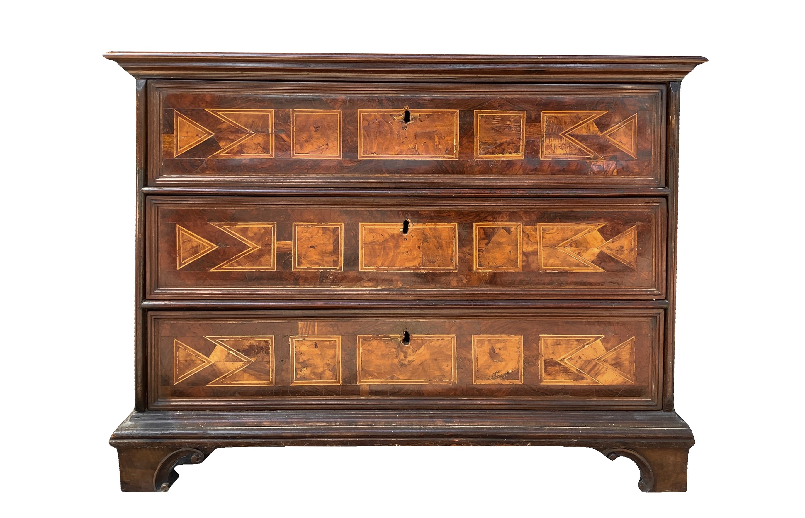 Cassettone in legno di palissandro, XIX Secolo, con intarsi geometrici in legno chiaro