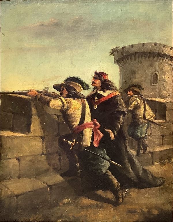 Dipinto raffigurante torrione con fucilieri e cardinale 