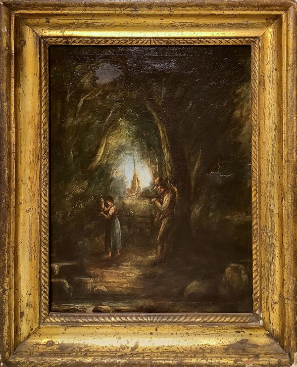 Painting depicting young characters in a wood in an antique gilded wooden frame