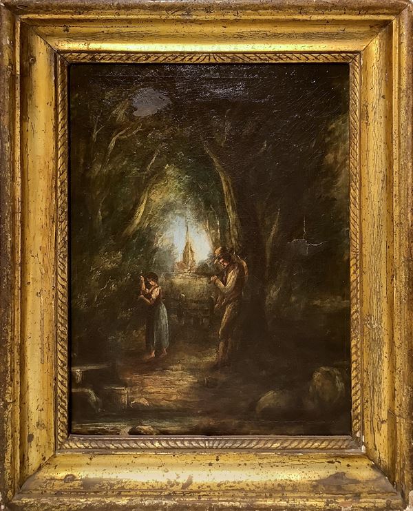 Dipinto raffigurante giovani personaggi in un bosco in cornice antica di legno dorata