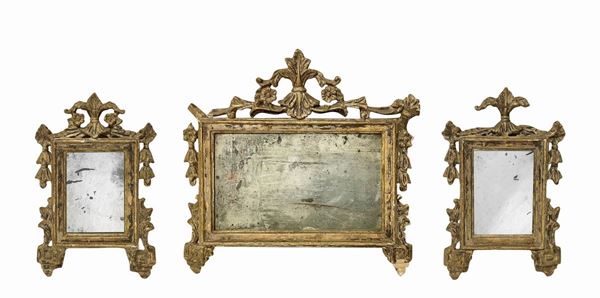 Trittico di cartagloria in legno dorato con specchio antico al mercurio