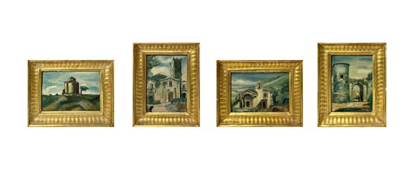 Santo Marino - Quattro dipinti  paesaggi in cornice dorata