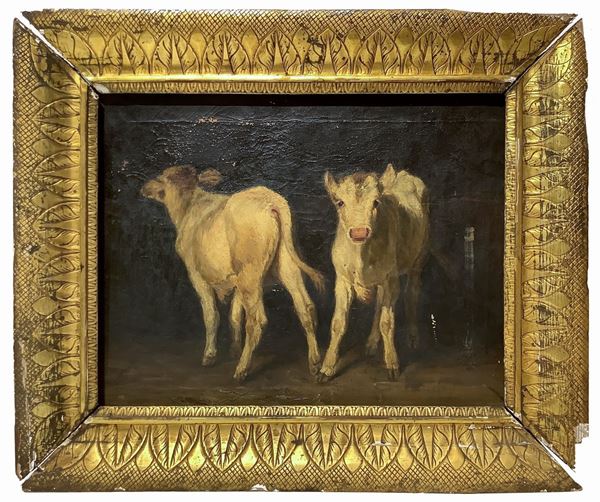 Dipinto raffigurante coppia di mucche 