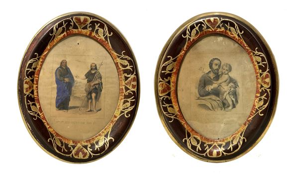Coppia di ovali in cornice raffiguranti immagini sacre: Gesù con Giovanni Battista e Giuseppe con bambino Gesù.