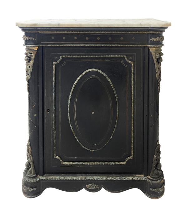 Small black ebonized étagère with white marble top