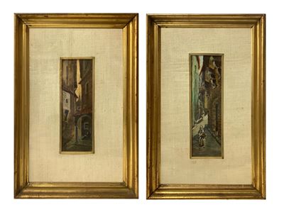 Coppia di Dipinti Raffiguranti Scorci di Paese con Personaggi