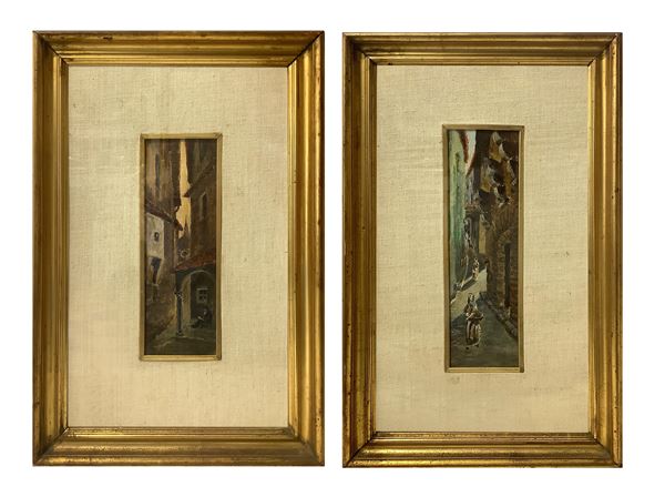 Pair of paintings depicting glimpses of the country with characters