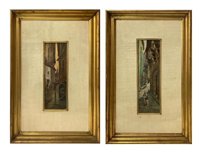 Coppia di Dipinti Raffiguranti Scorci di Paese con Personaggi