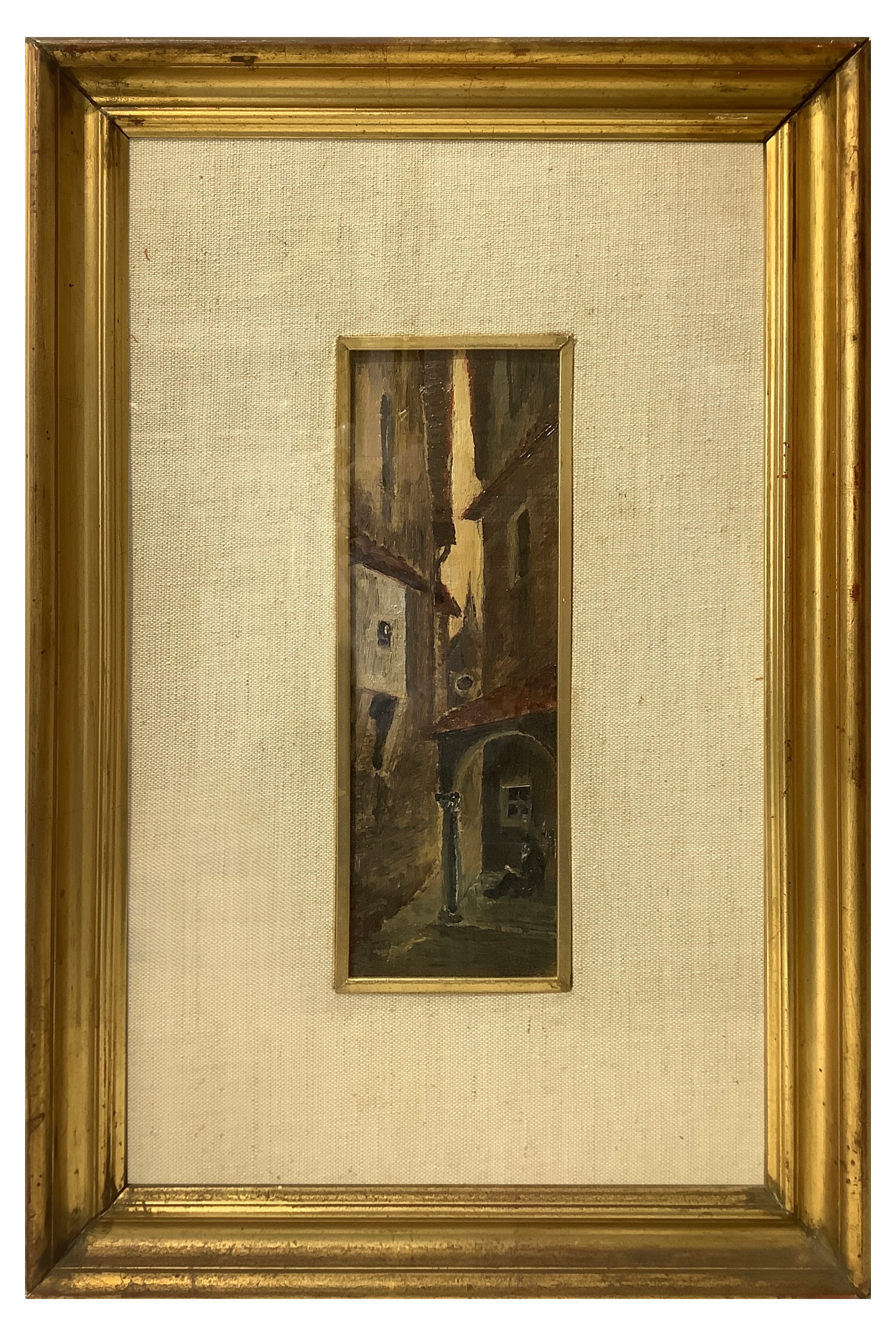 Coppia di Dipinti Raffiguranti Scorci di Paese con Personaggi