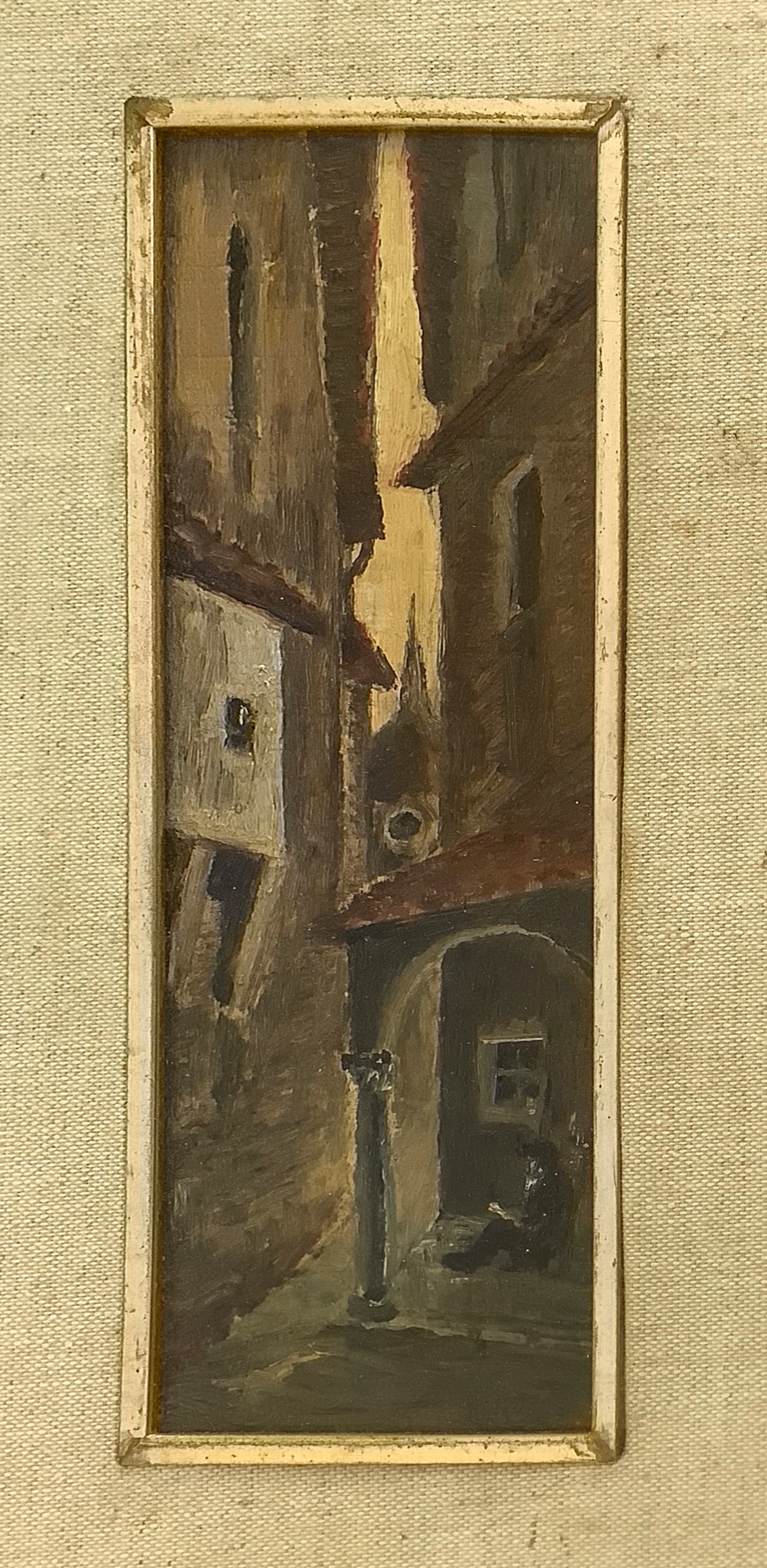 Coppia di Dipinti Raffiguranti Scorci di Paese con Personaggi