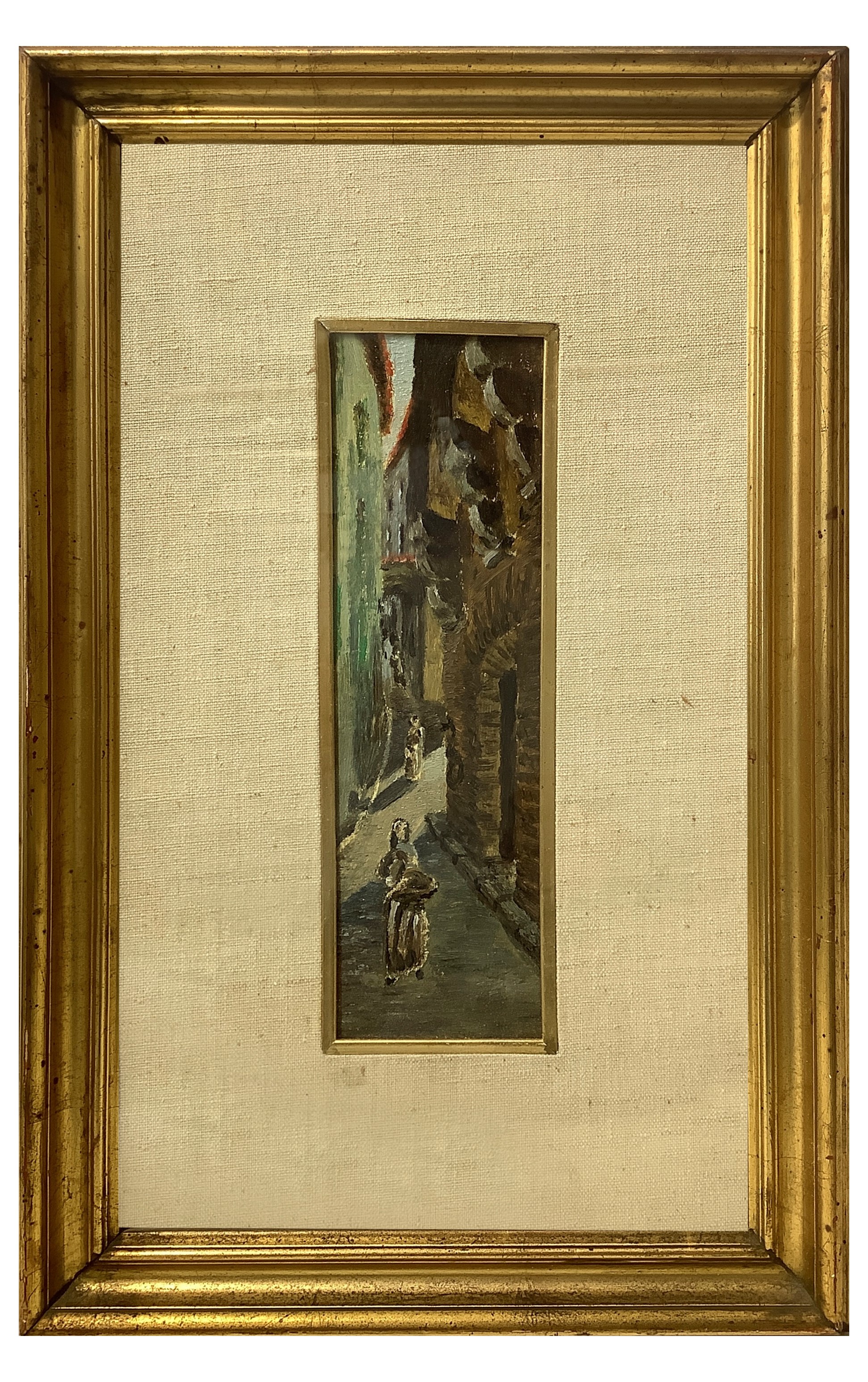 Coppia di Dipinti Raffiguranti Scorci di Paese con Personaggi