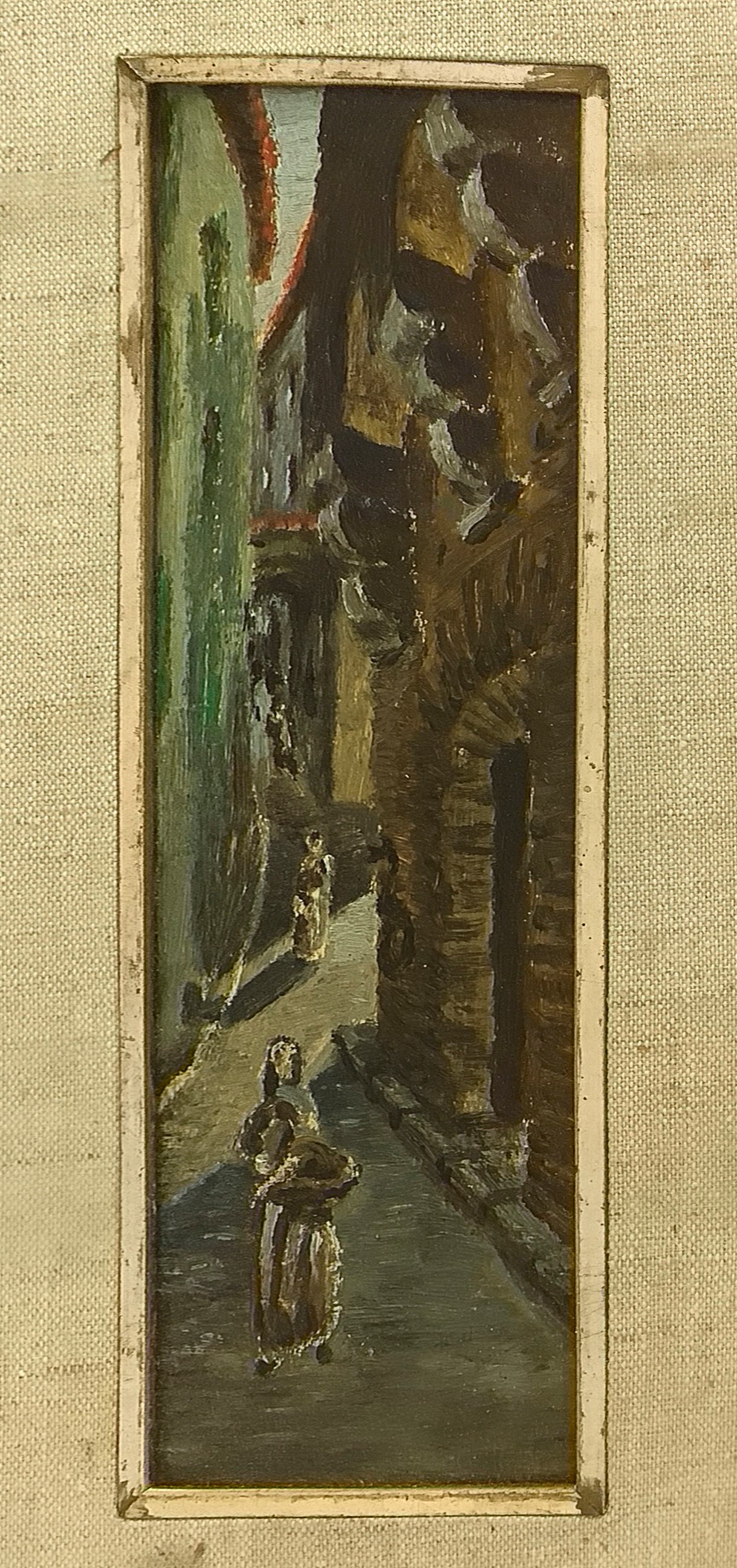 Coppia di Dipinti Raffiguranti Scorci di Paese con Personaggi