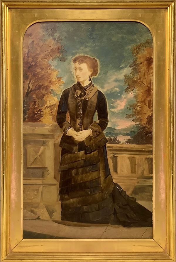 Ritratto di nobildonna sul balcone con sfondo paesaggistico