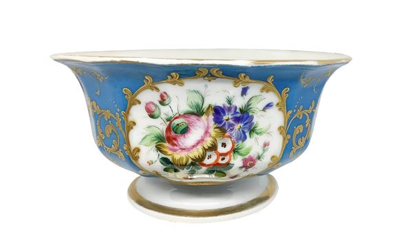 Enamelled sweets holder in blue and gold with floral decorations