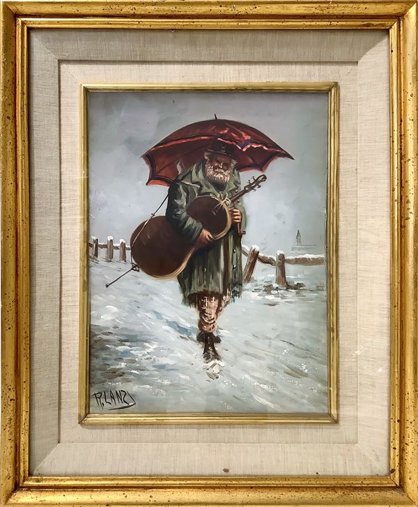 Painting depicting an elderly man with umbrella and cello in a snowy landscape