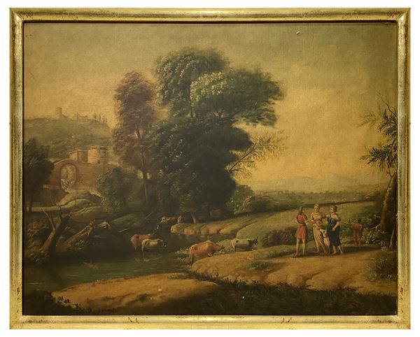 Painting depicting a rural scene with characters and animals
