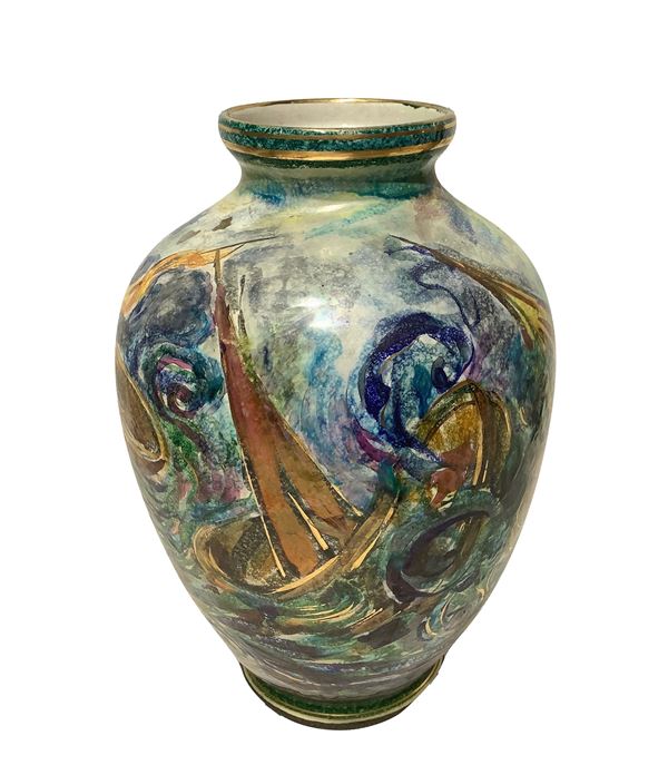 Zulimo Aretini - Vaso in ceramica dipinta policroma e dorata 