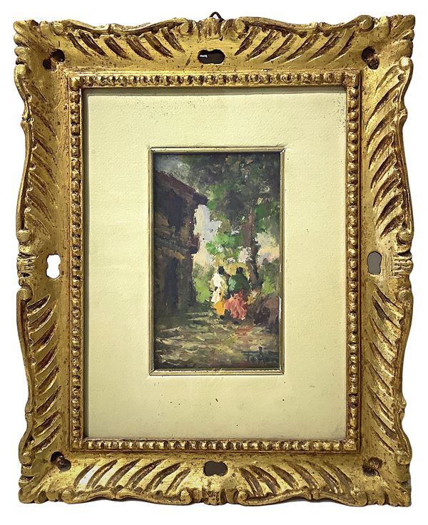 Painting depicting a country landscape with houses and characters
