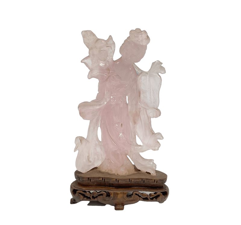 Scultura Cinese Figura Femminile in Quarzo Rosa