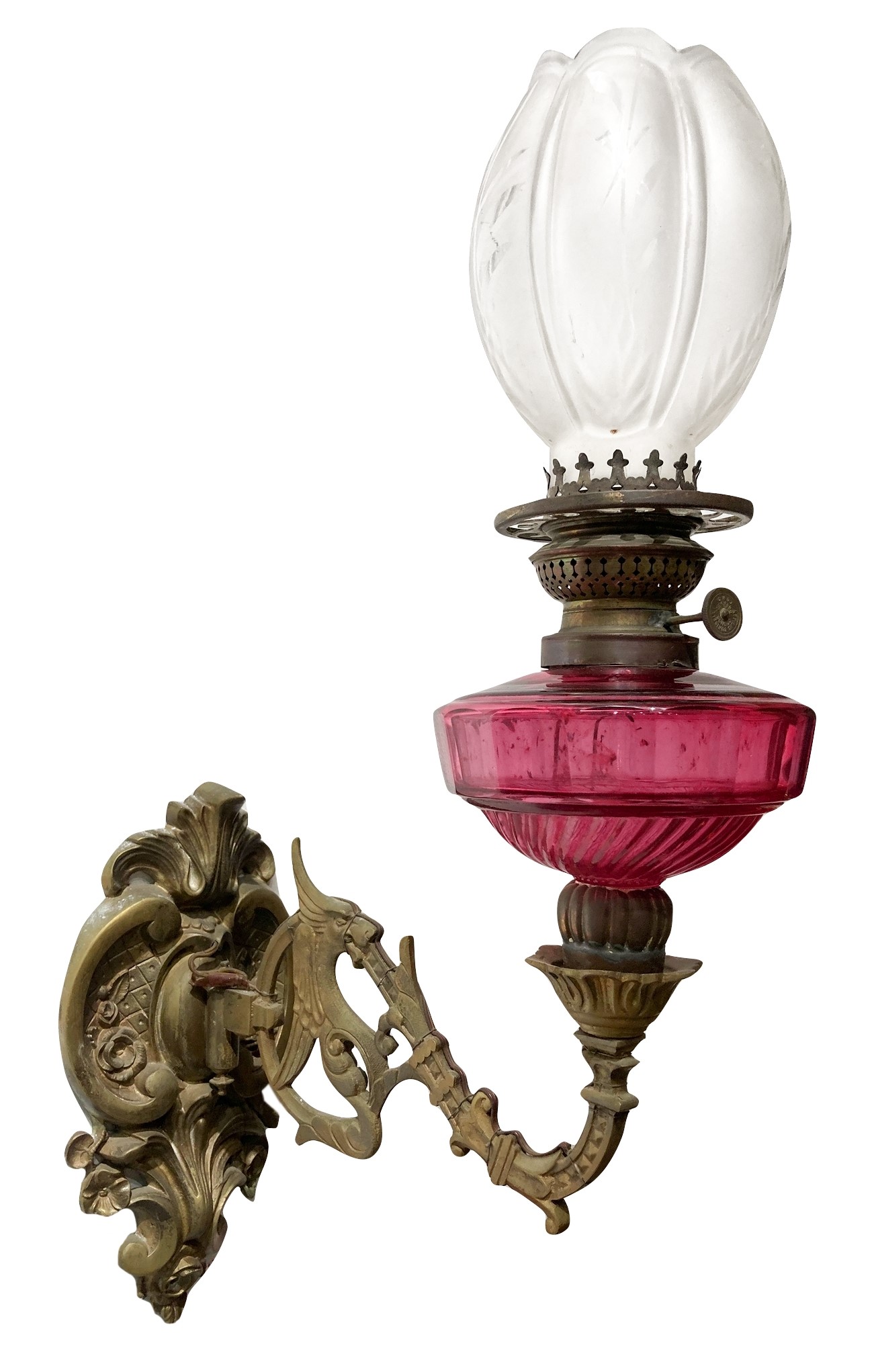 Coppia di appliques a petrolio in bronzo e vetro