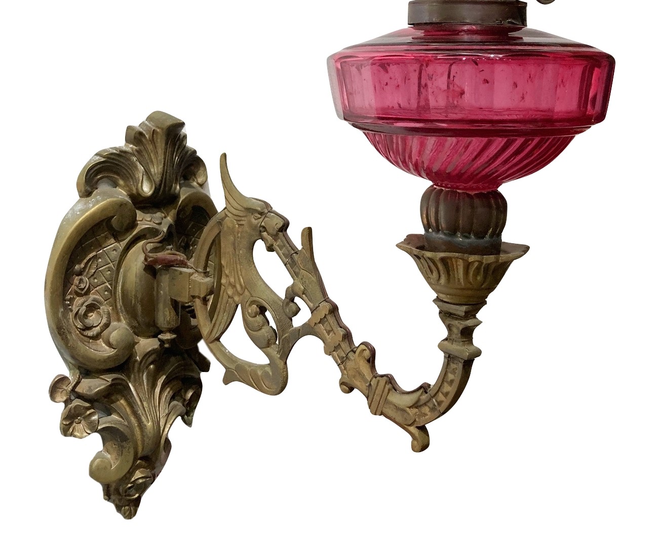 Coppia di appliques a petrolio in bronzo e vetro