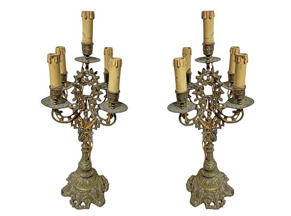 Five-light table candelabra in golden brass