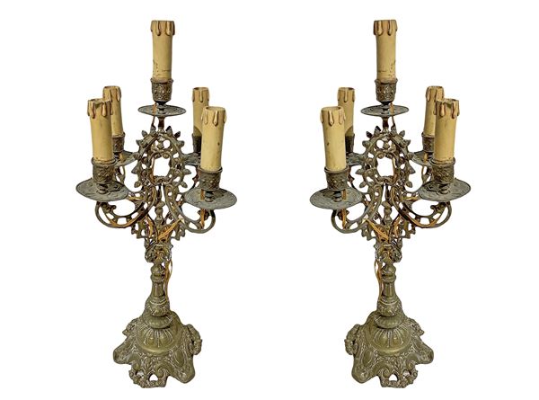 Five-light table candelabra in gold-plated brass