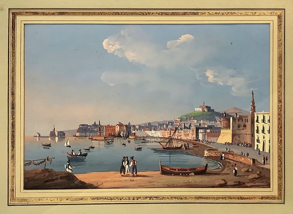 Painting depicting a gulf with boats and characters
