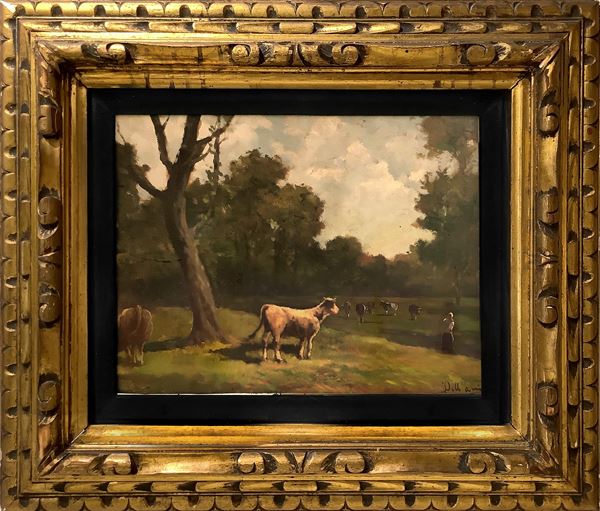 Lorenzo Delleani - Dipinto raffigurante scena bucolica con mucche su paesaggio