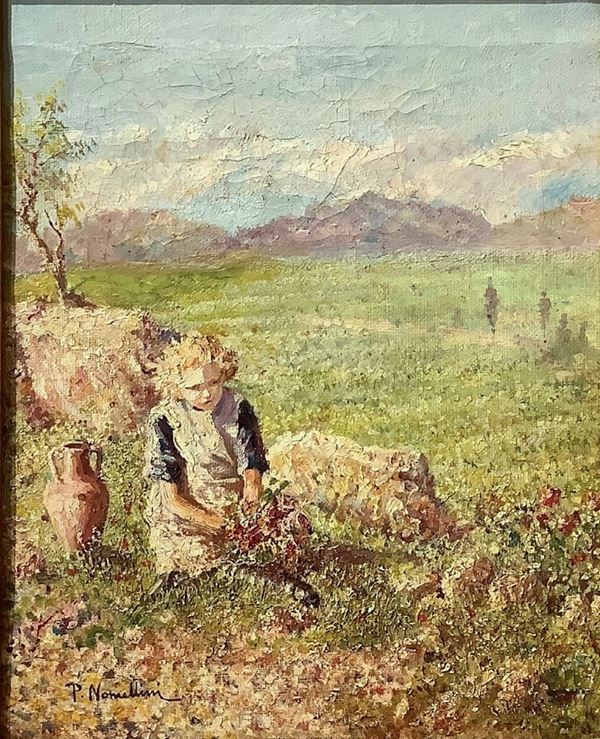 Plinio Nomellini - Dipinto raffigurante "Paesaggio con figura di ragazza" 