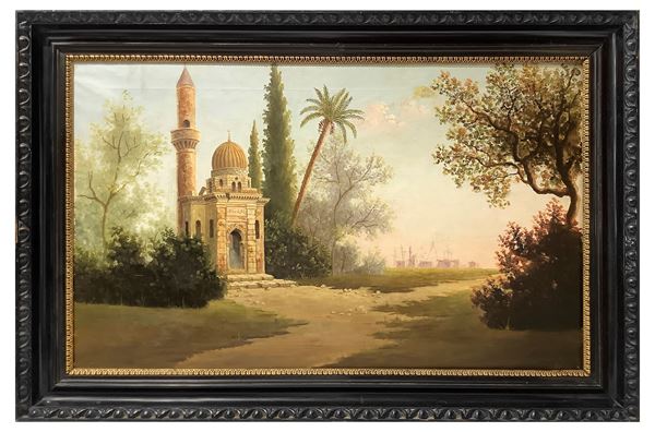Matteo Olivero - Moschea con minareto in un paesaggio orientaleggiante