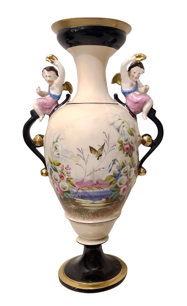 White amphora with cherubs and flowers