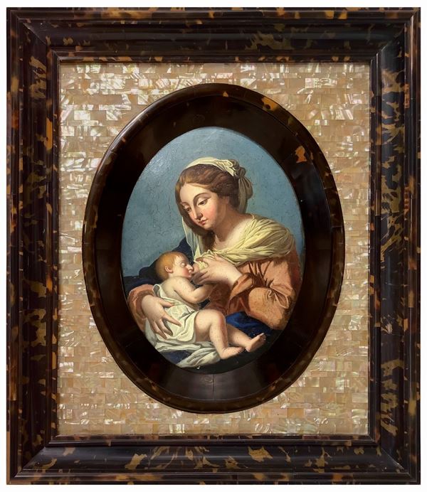Oval depicting Madonna del latte in an antique tortoise and mother-of-pearl frame